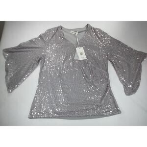 NWT GRACE KARIN Women's Silver Sequined Bell Slit Sleeve V-Neck Ruched Blouse XL